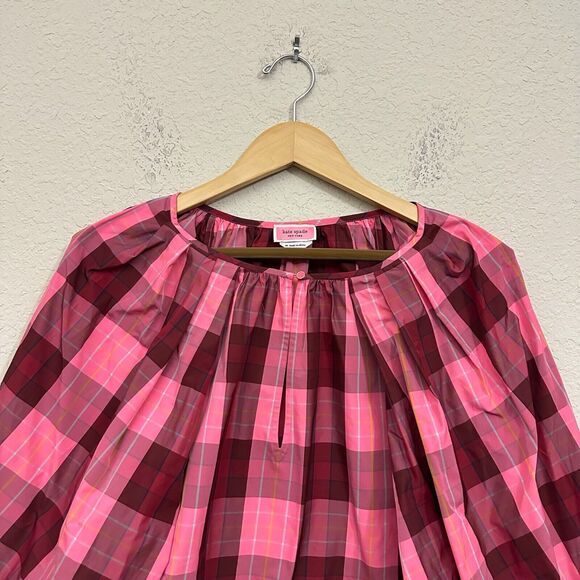 NWOT KATE SPADE Greenhouse Plaid Puff-Sleeve Top in Pink Multicolor Sz M W9313 - Picture 4 of 11